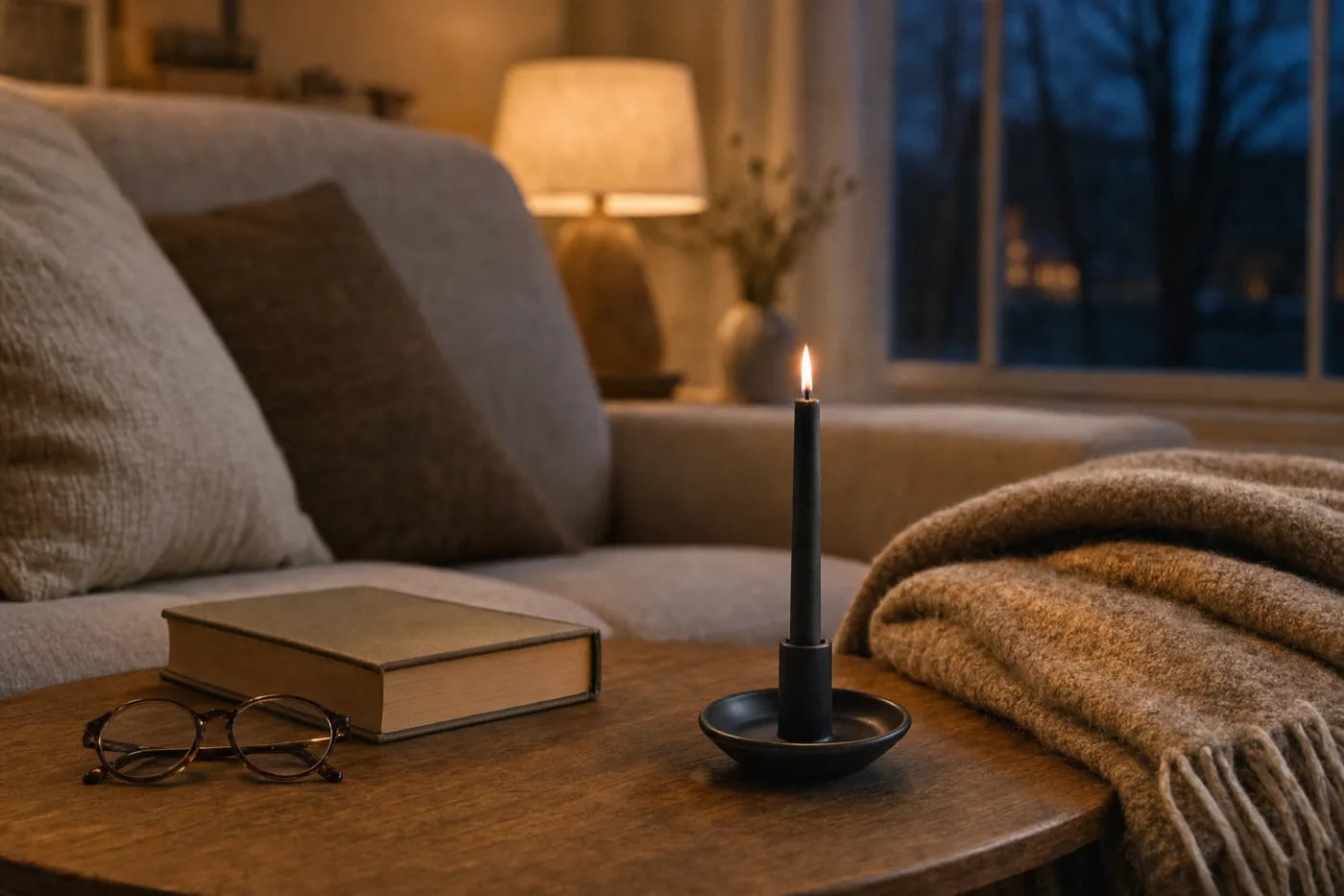 Wohnzimmer am Abend: die schwarze Kerze brennt im Halter auf dem Couchtisch