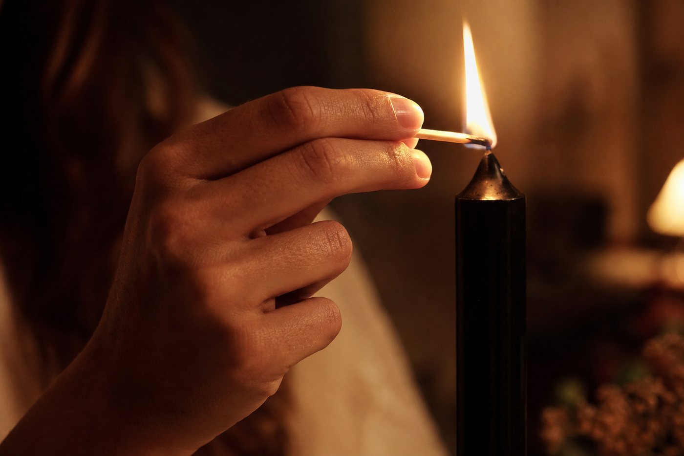 A hand lighting a real ritual candle in a quiet moment