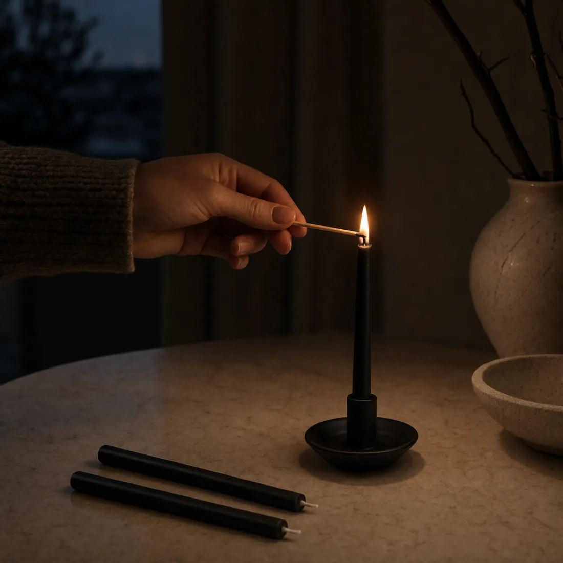 Eine Hand zündet die schwarze Ritualkerze mit einem Streichholz an
