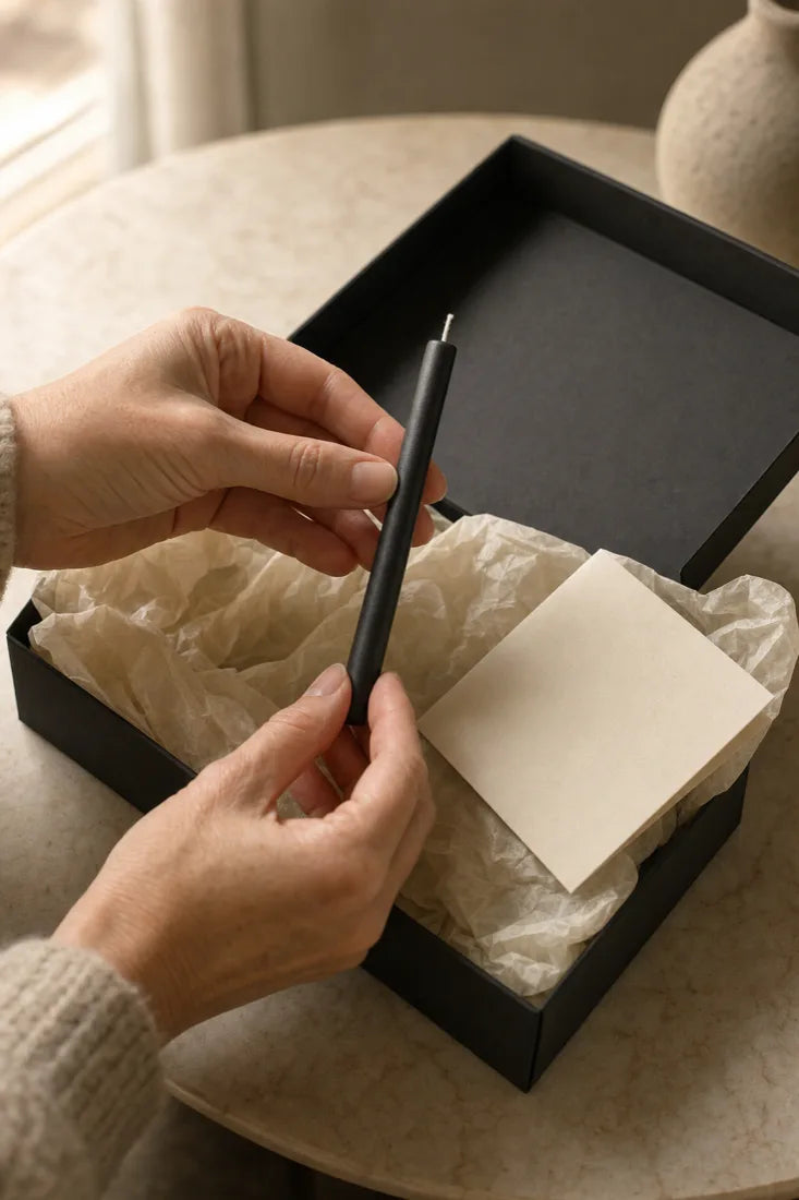Beim Auspacken: eine der schwarzen Kerzen wird aus dem Seidenpapier gehoben