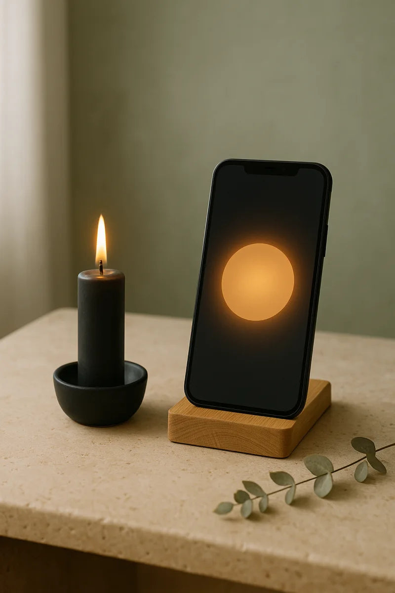 Die Secrets of Life App neben der Ritualkerze