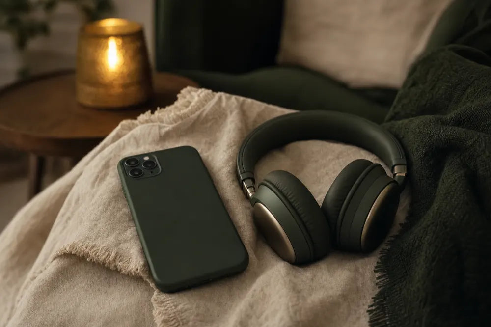 Ein Smartphone mit Kopfhörern, im Hintergrund der warme Schein einer Kerze.