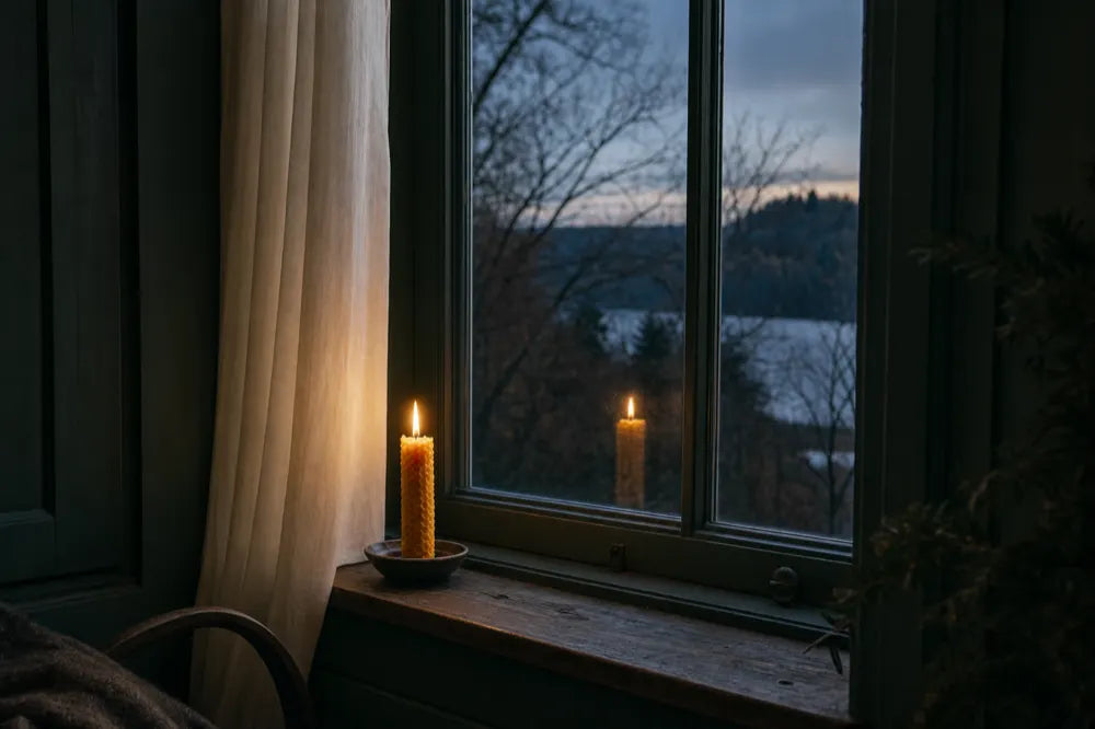 Ein ruhiges Fenster in der Dämmerung, auf der Fensterbank eine Kerze.